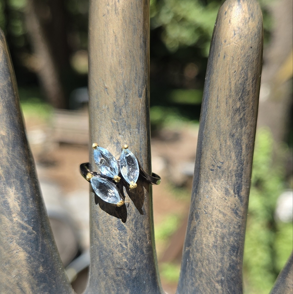 Blue Topaz Natural Gemstone Sterling Rhodium & Gold Ring Sz7 - Picture 6 of 8